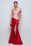 Pink and Red Long Patchwork Mermid Formal Dress with Slit