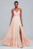 Pink and Champagne Patchwork Long Pleated Spaghetti Straps Formal Dress