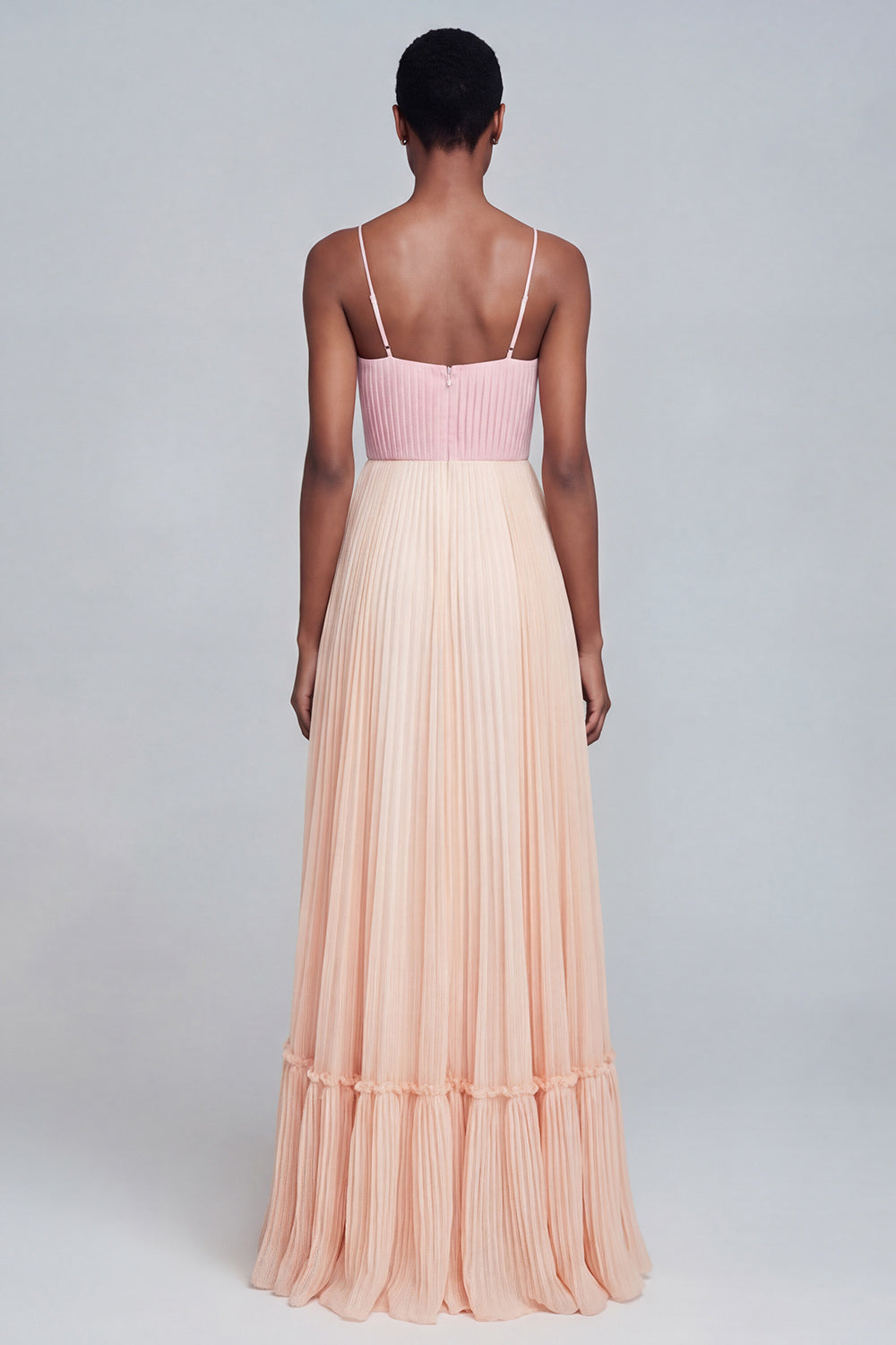Pink and Champagne Patchwork Long Pleated Spaghetti Straps Formal Dress