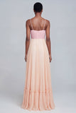 Pink and Champagne Patchwork Long Pleated Spaghetti Straps Formal Dress