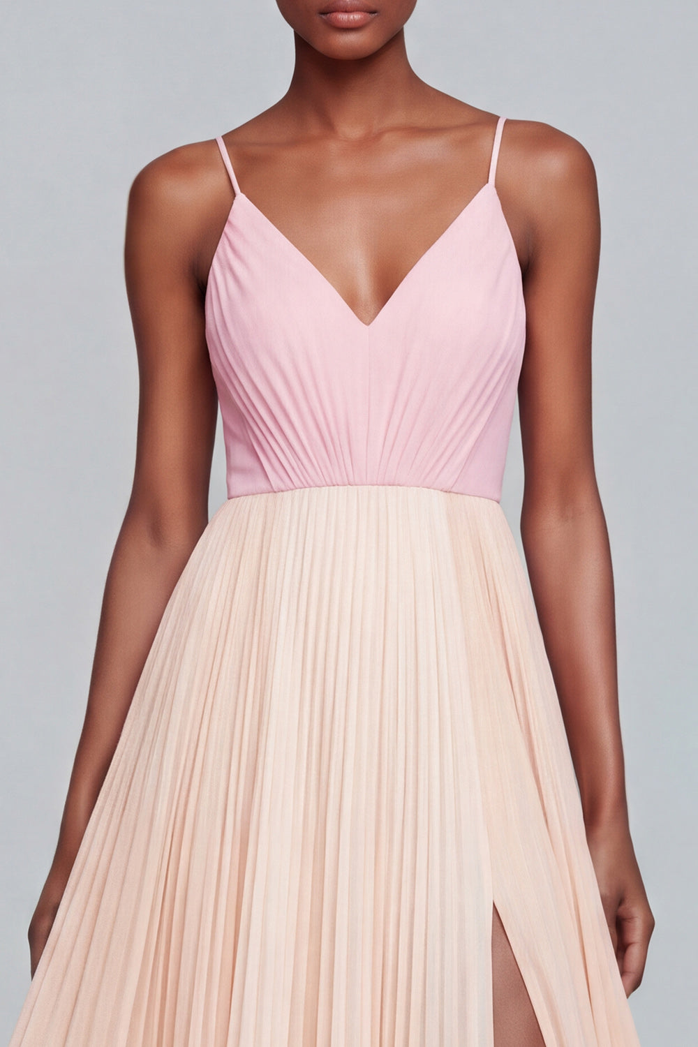 Pink and Champagne Patchwork Long Pleated Spaghetti Straps Formal Dress