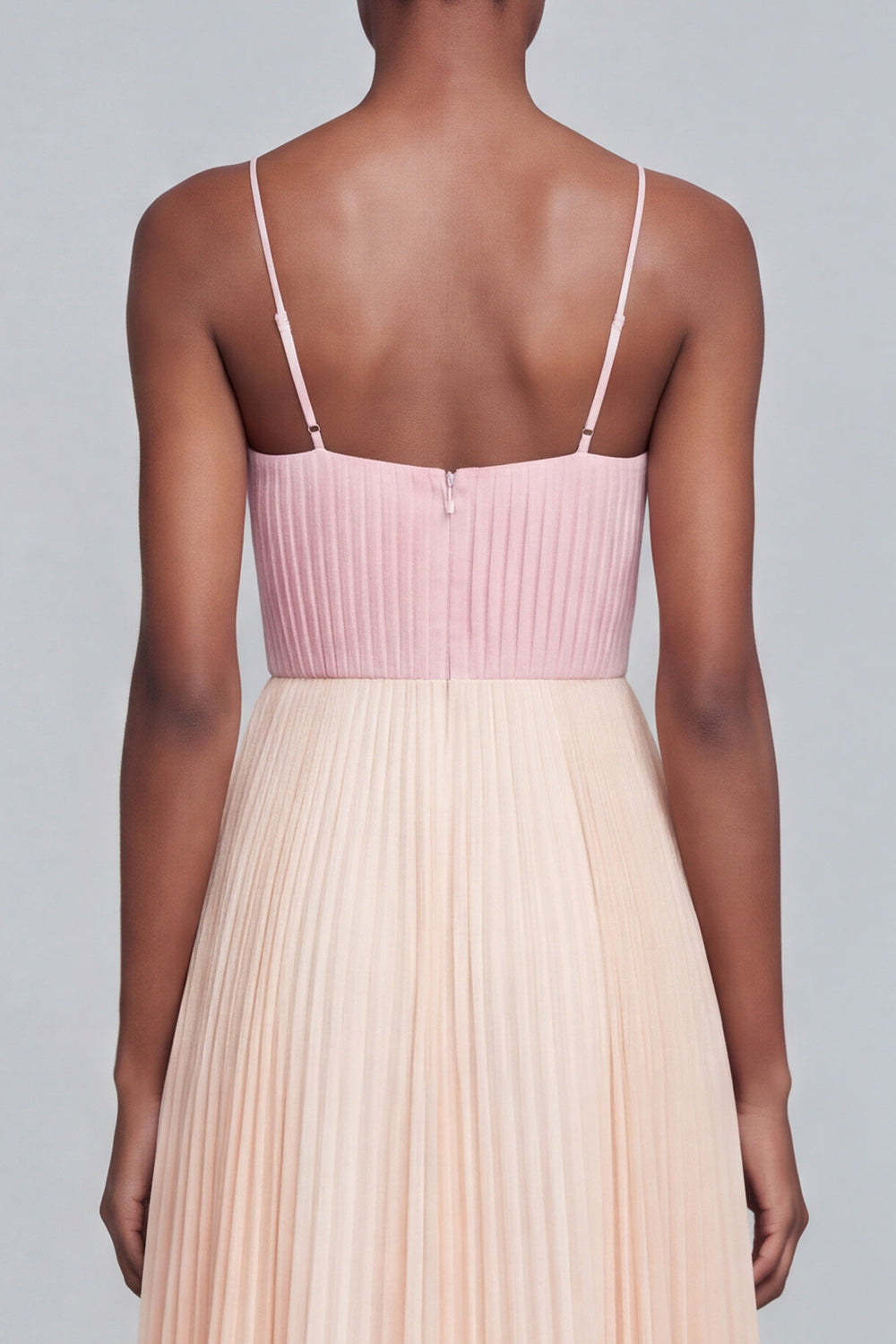 Pink and Champagne Patchwork Long Pleated Spaghetti Straps Formal Dress