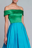 Green and Blue High Low Patchwork A Line Off the Shoulder Formal Dress