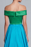 Green and Blue High Low Patchwork A Line Off the Shoulder Formal Dress