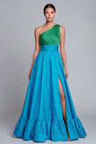 Green and Blue Long A Line One Shoulder Patchwork Formal Dress with Slit