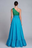 Green and Blue Long A Line One Shoulder Patchwork Formal Dress with Slit