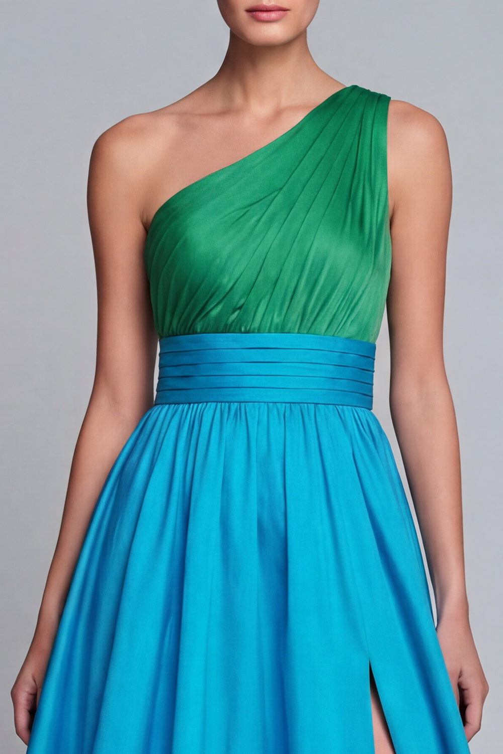 Green and Blue Long A Line One Shoulder Patchwork Formal Dress with Slit