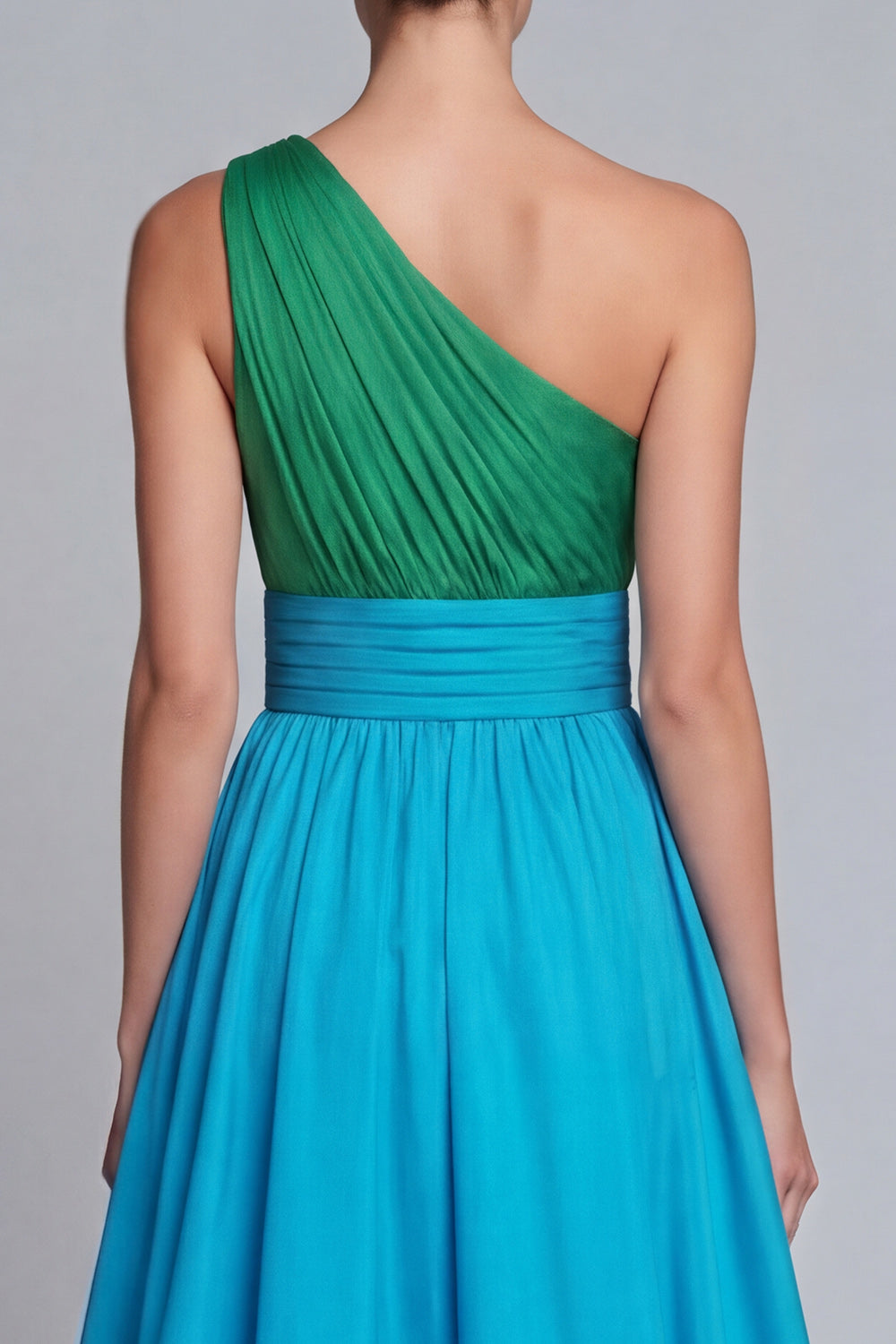 Green and Blue Long A Line One Shoulder Patchwork Formal Dress with Slit