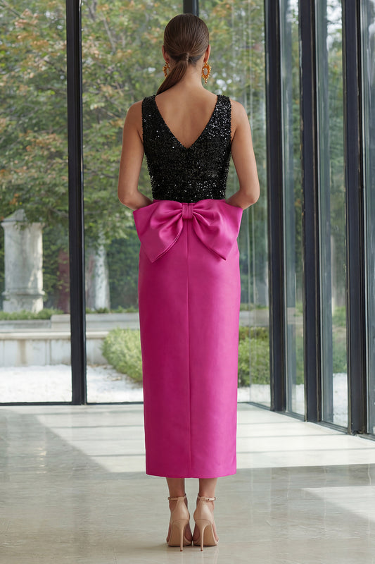 Fuchsia and Black Maxi Sheath Sparkly Patchwork Formal Dress with Slit