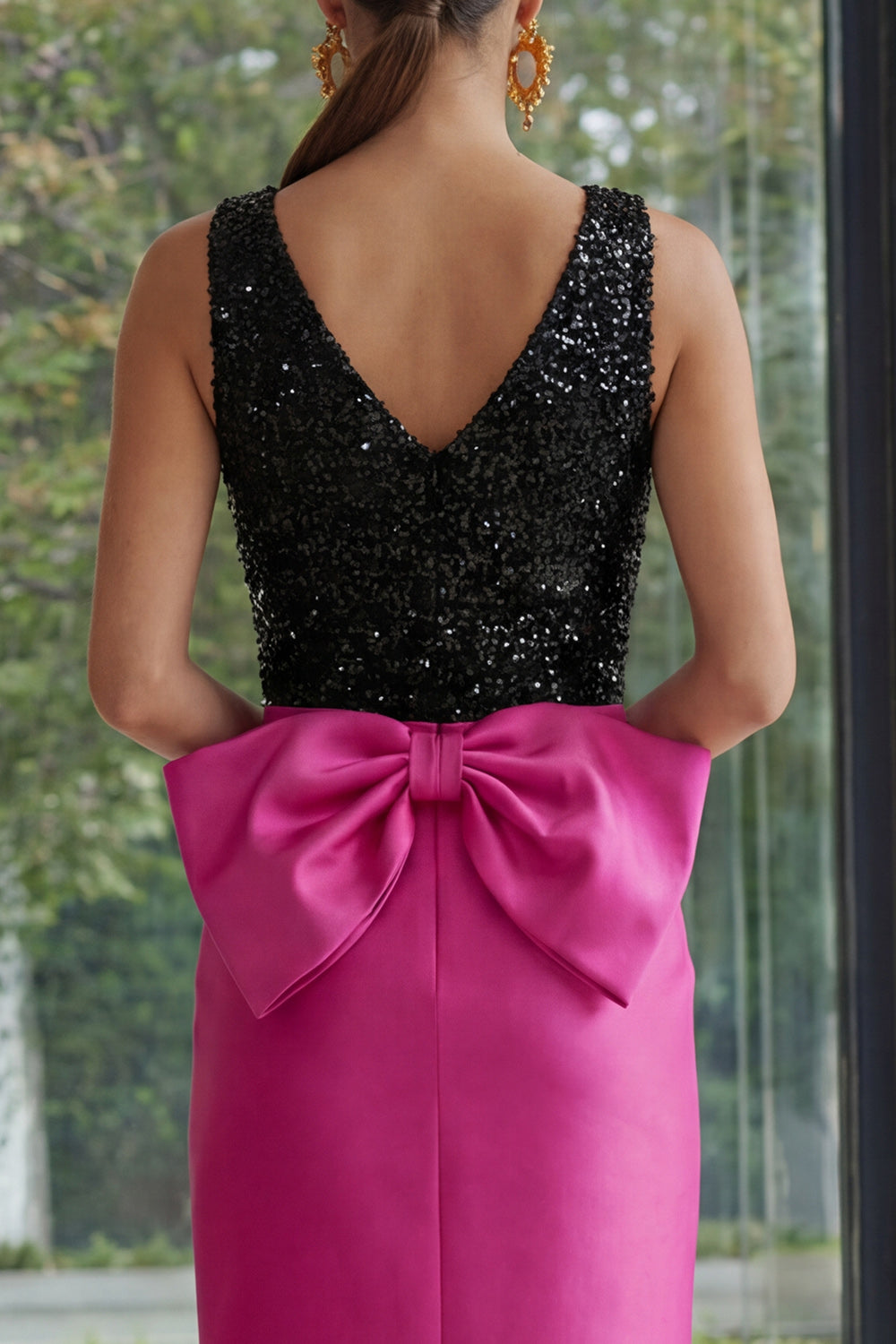 Fuchsia and Black Maxi Sheath Sparkly Patchwork Formal Dress with Slit