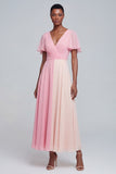Pink V Neck Patchwork Long A Line Flutter Sleeves Formal Dress
