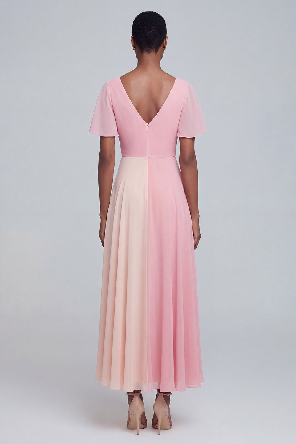 Pink V Neck Patchwork Long A Line Flutter Sleeves Formal Dress