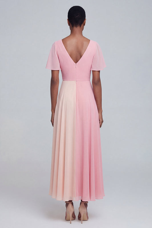 Pink V Neck Patchwork Long A Line Flutter Sleeves Formal Dress