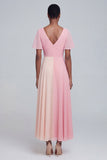 Pink V Neck Patchwork Long A Line Flutter Sleeves Formal Dress
