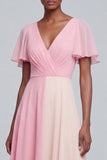 Pink V Neck Patchwork Long A Line Flutter Sleeves Formal Dress