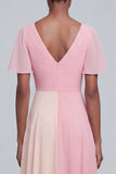 Pink V Neck Patchwork Long A Line Flutter Sleeves Formal Dress