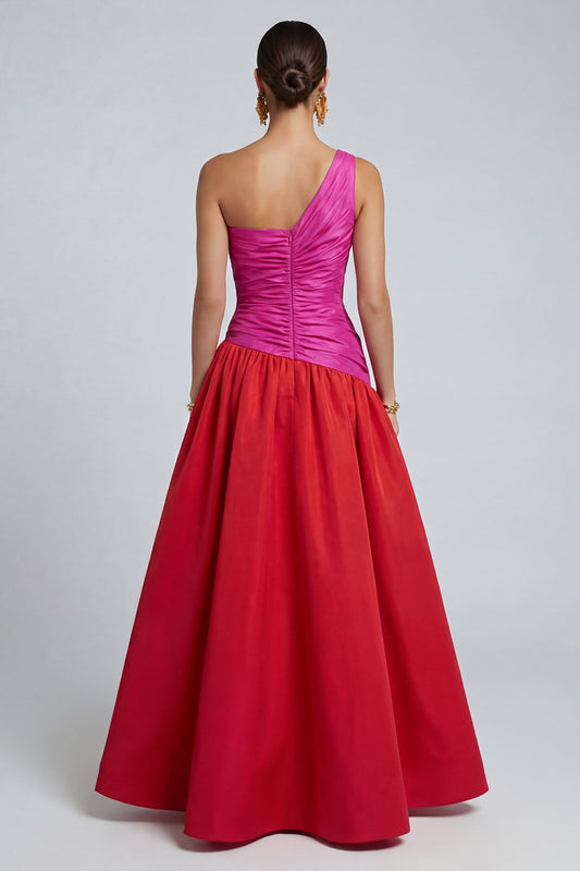 Fuchsia and Red Long A Line Patchwork Formal Dress with Slit