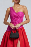 Fuchsia and Red Long A Line Patchwork Formal Dress with Slit