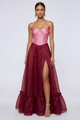 Pink and Burgundy Long A Line Patchwork Corset Formal Dress with Slit