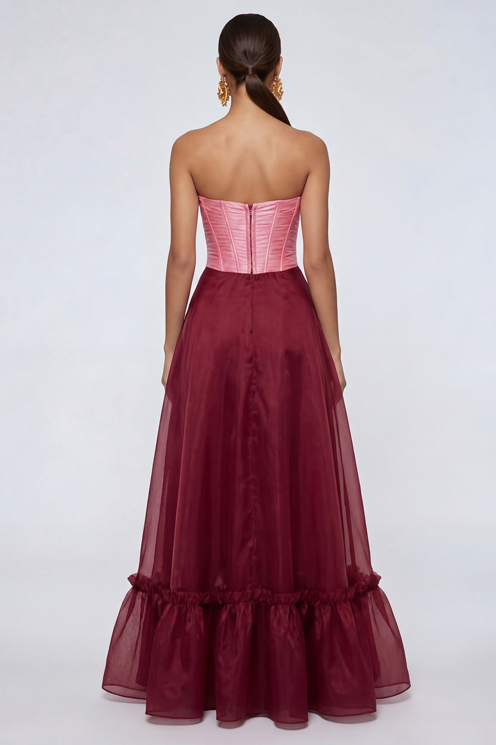 Pink and Burgundy Long A Line Patchwork Corset Formal Dress with Slit