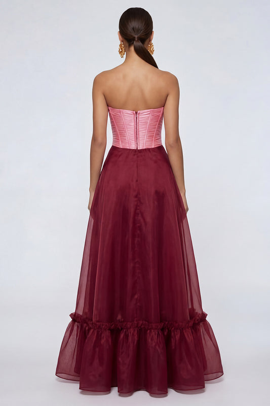 Pink and Burgundy Long A Line Patchwork Corset Formal Dress with Slit