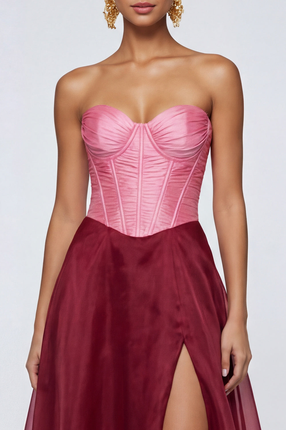 Pink and Burgundy Long A Line Patchwork Corset Formal Dress with Slit