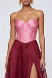 Pink and Burgundy Long A Line Patchwork Corset Formal Dress with Slit