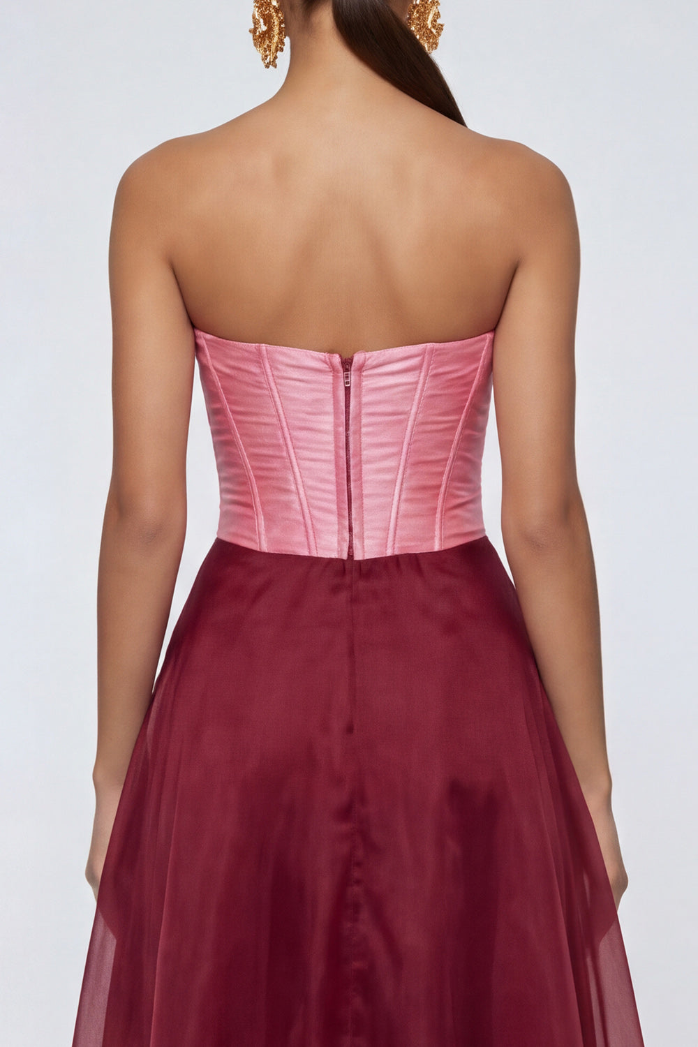 Pink and Burgundy Long A Line Patchwork Corset Formal Dress with Slit