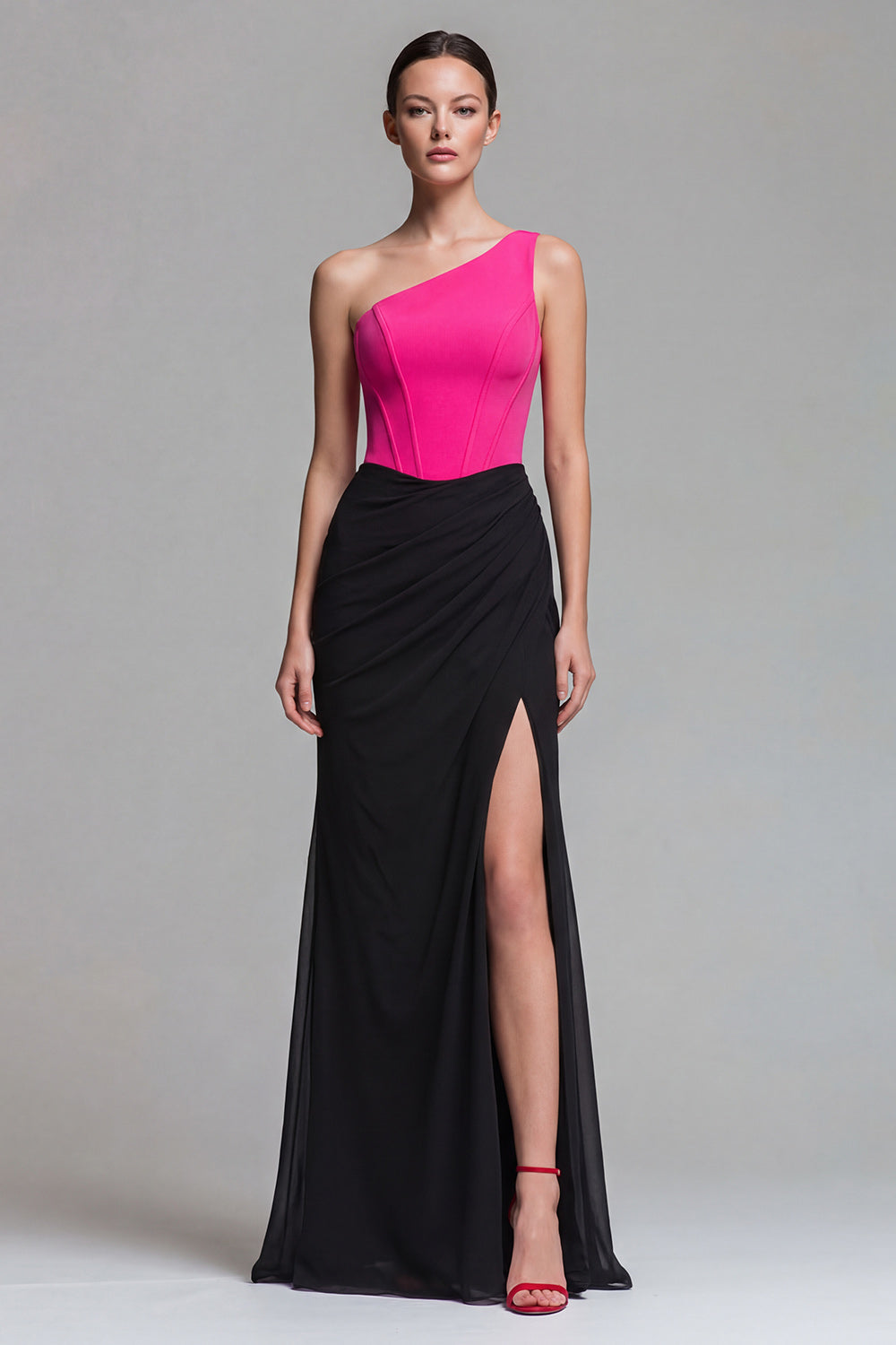 Fuchsia and Black One Shoulder Patchwork Corset Long Mermaid Formal Dress