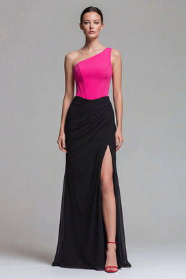 Fuchsia and Black One Shoulder Patchwork Corset Long Mermaid Formal Dress
