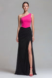 Fuchsia and Black One Shoulder Patchwork Corset Long Mermaid Formal Dress