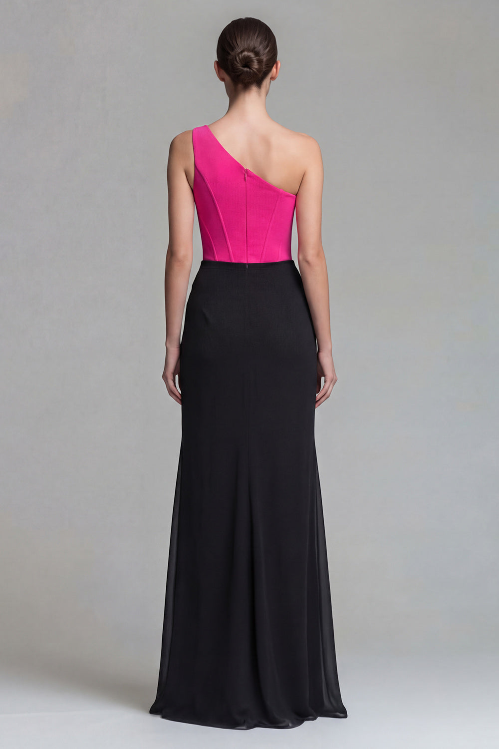 Fuchsia and Black One Shoulder Patchwork Corset Long Mermaid Formal Dress