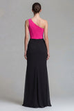 Fuchsia and Black One Shoulder Patchwork Corset Long Mermaid Formal Dress