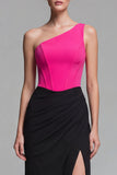 Fuchsia and Black One Shoulder Patchwork Corset Long Mermaid Formal Dress