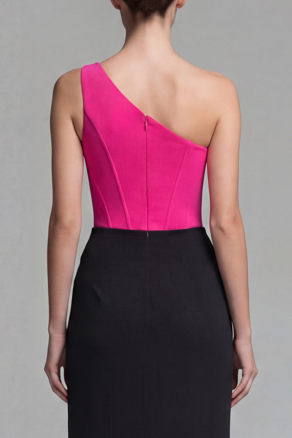 Fuchsia and Black One Shoulder Patchwork Corset Long Mermaid Formal Dress