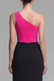 Fuchsia and Black One Shoulder Patchwork Corset Long Mermaid Formal Dress