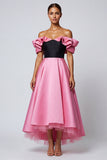 Black and Pink Long Off the Shoulder A Line Patchwork Formal Dress with Ruffles