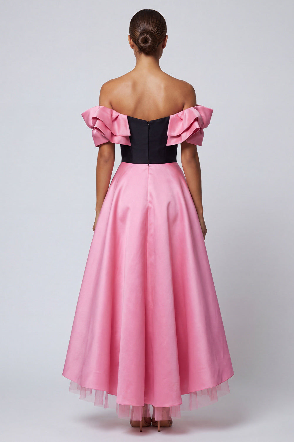 Black and Pink Long Off the Shoulder A Line Patchwork Formal Dress with Ruffles