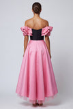 Black and Pink Long Off the Shoulder A Line Patchwork Formal Dress with Ruffles