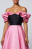 Black and Pink Long Off the Shoulder A Line Patchwork Formal Dress with Ruffles