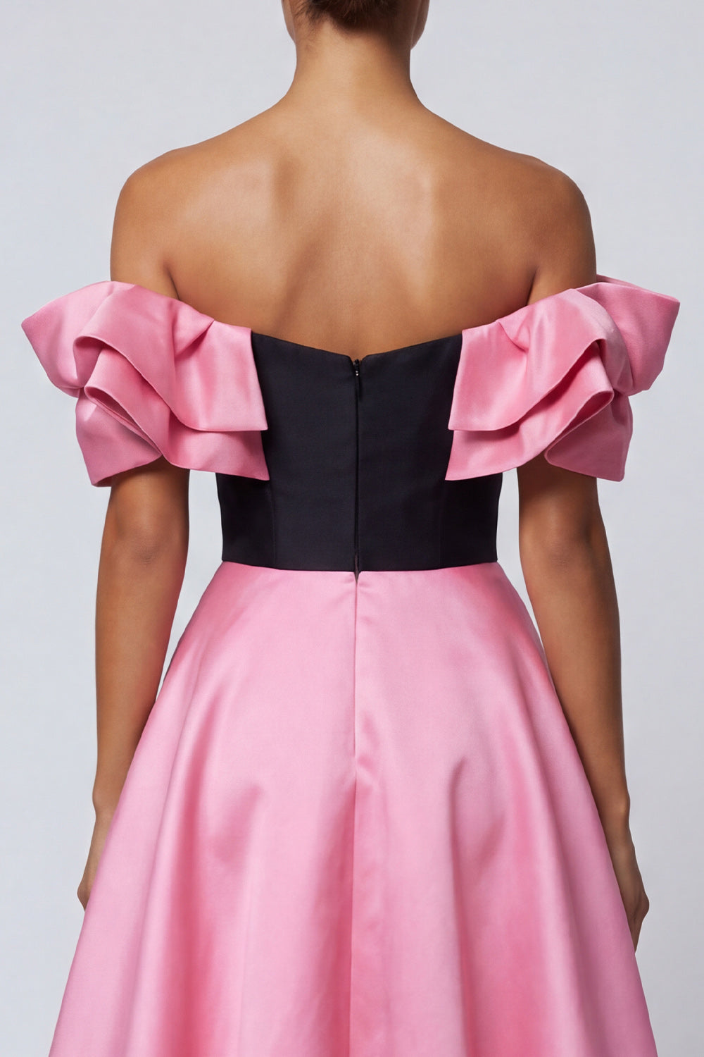 Black and Pink Long Off the Shoulder A Line Patchwork Formal Dress with Ruffles