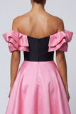 Black and Pink Long Off the Shoulder A Line Patchwork Formal Dress with Ruffles