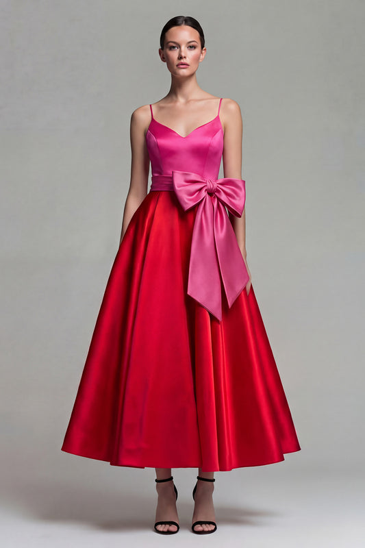 Fuchsia and Red Long A Line Patchwork Spaghetti Straps Formal Dress with Bow
