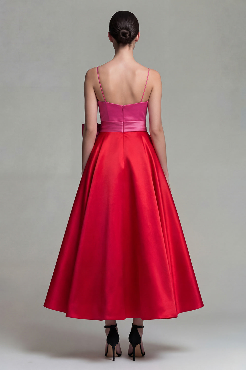 Fuchsia and Red Long A Line Patchwork Spaghetti Straps Formal Dress with Bow