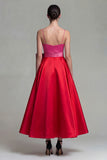Fuchsia and Red Long A Line Patchwork Spaghetti Straps Formal Dress with Bow