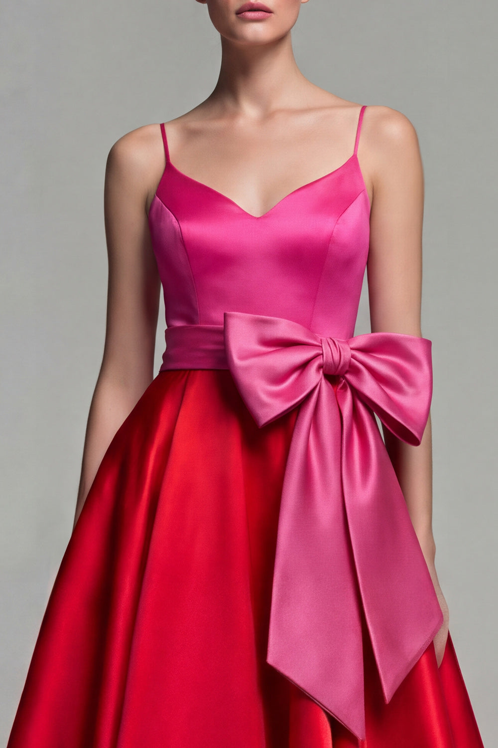 Fuchsia and Red Long A Line Patchwork Spaghetti Straps Formal Dress with Bow