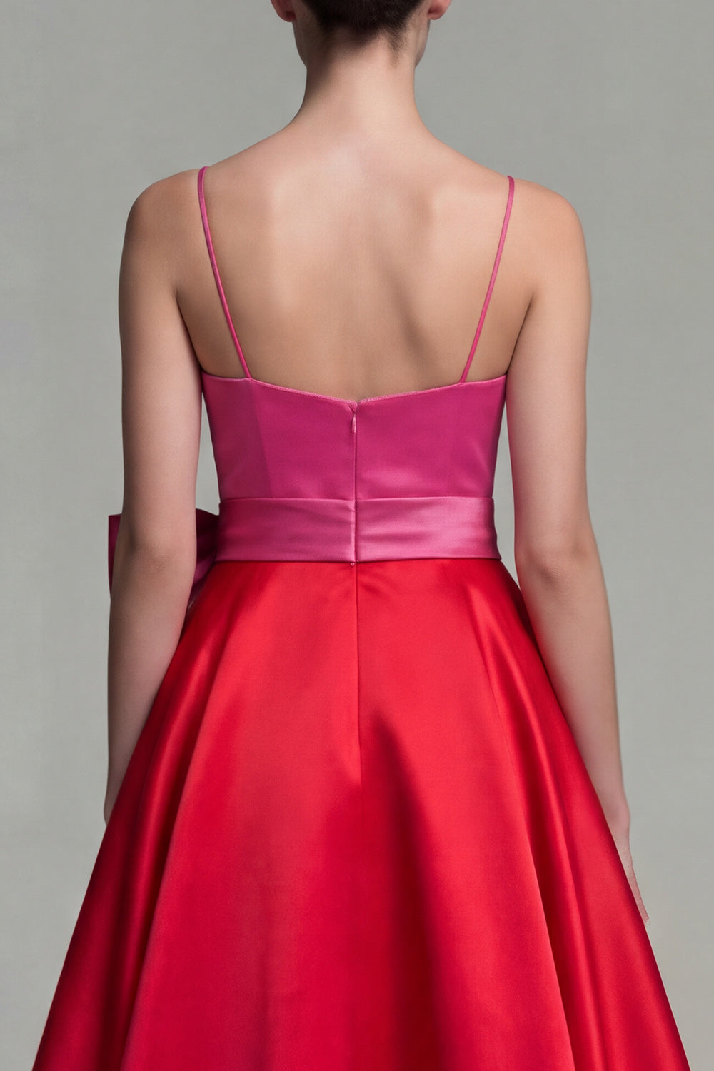 Fuchsia and Red Long A Line Patchwork Spaghetti Straps Formal Dress with Bow