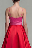Fuchsia and Red Long A Line Patchwork Spaghetti Straps Formal Dress with Bow
