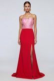 Pink and Red Long Mermid Patchwork Strapless Formal Dress with Slit