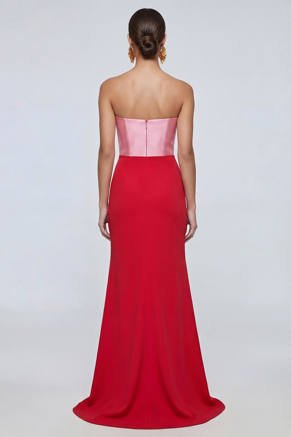 Pink and Red Long Mermid Patchwork Strapless Formal Dress with Slit